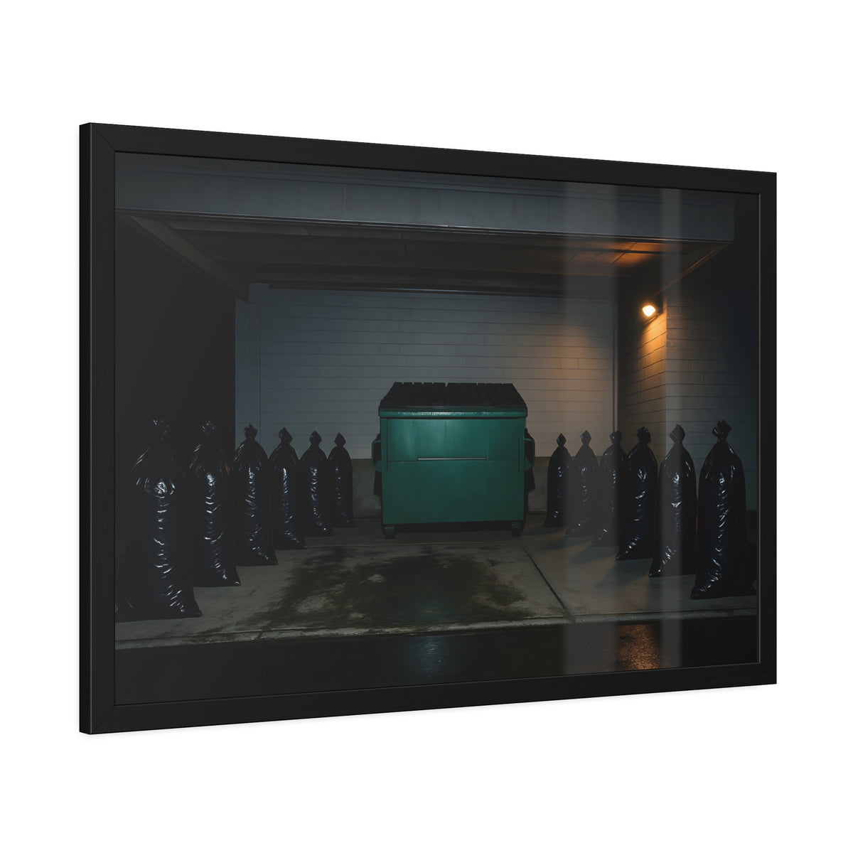 A green dumpster flanked by rows of black garbage bags under a lamp. Night Watch of the Loading Dock by Garabaggio, framed fine art print hanging in a room.