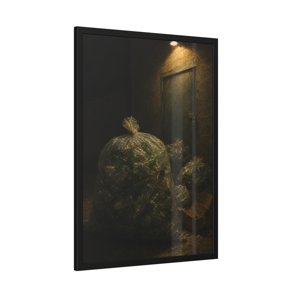 Clear bags of empty bottles piled by a padlocked door under a wall lamp. The Gathering of Empties by Garabaggio, framed fine art print hanging in a room.