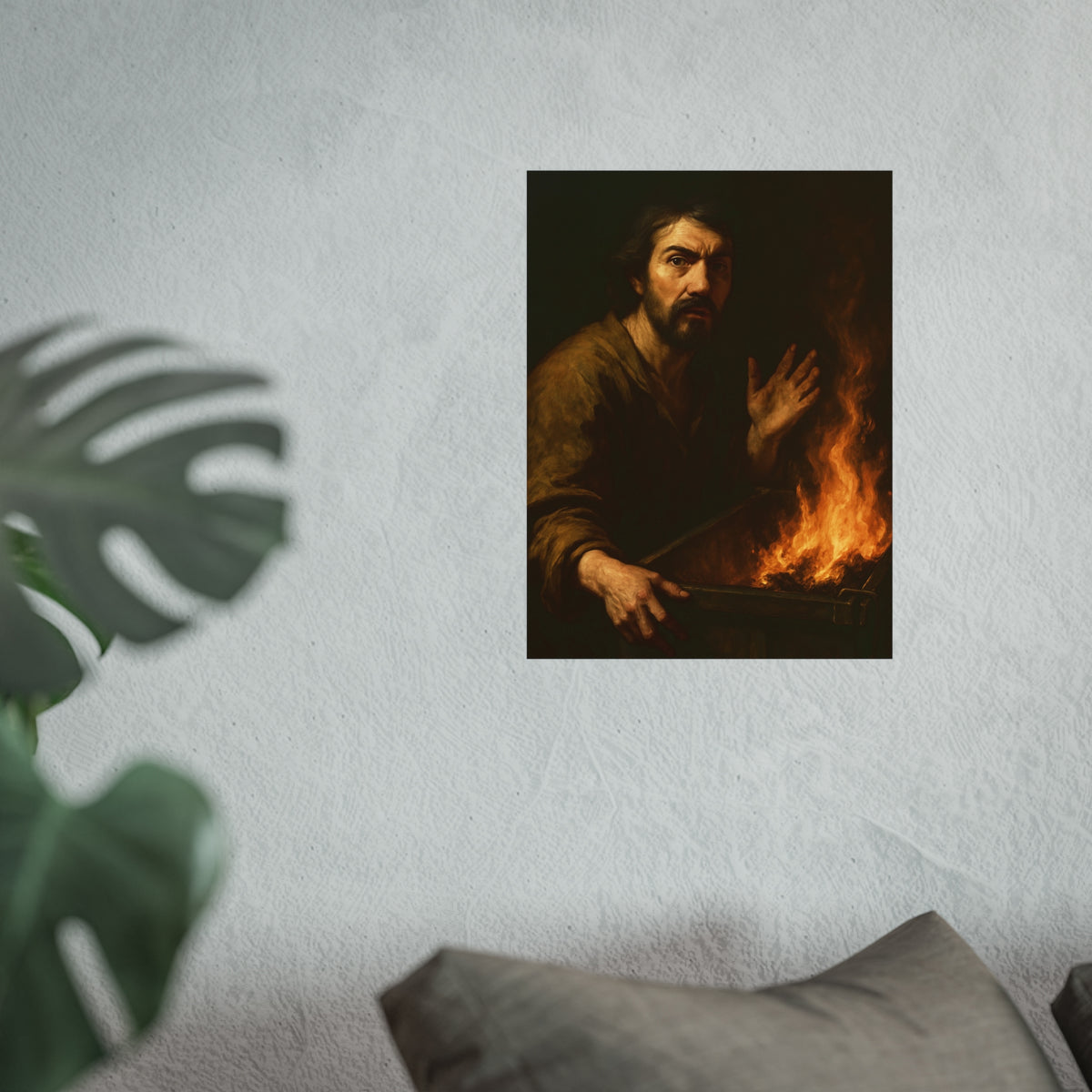 Man gripping the edge of a burning dumpster with one hand raised. Self-Portrait at 3:40 AM by Garabaggio, fine art print hanging in a room.
