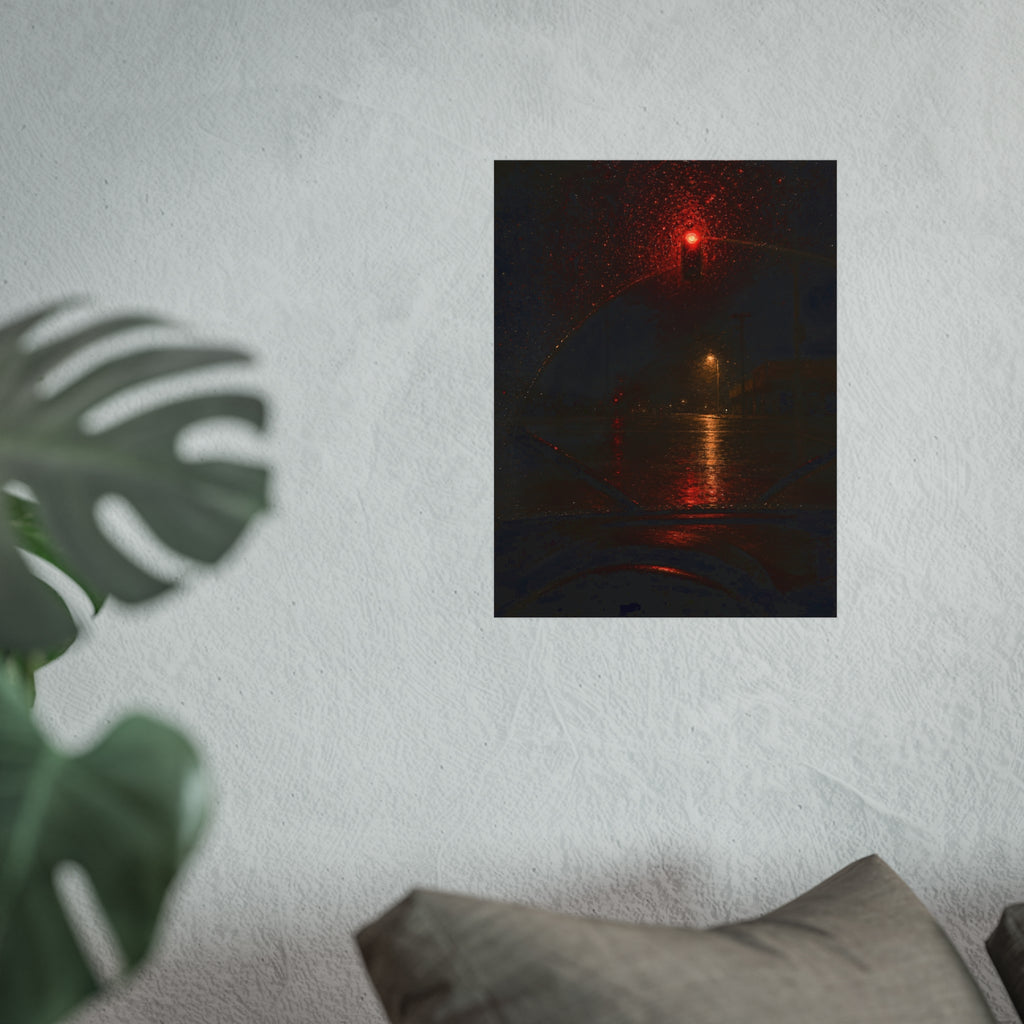 A red traffic light seen through a rain beaded windshield at night. The Windshield at the Red Light by Garabaggio, fine art print hanging in a room.