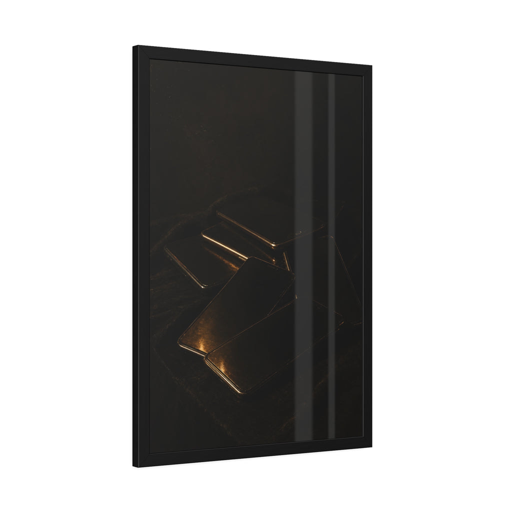Stack of dead phone screens on dark cloth, edges catching warm light. After the Light Goes Out by Garabaggio, framed fine art print hanging in a room.
