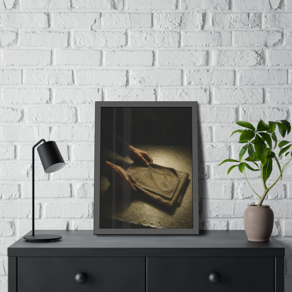 Two hands folding a shirt on a laundromat table with washers behind. The Folding at Two A.M by Garabaggio, framed fine art print hanging in a room.