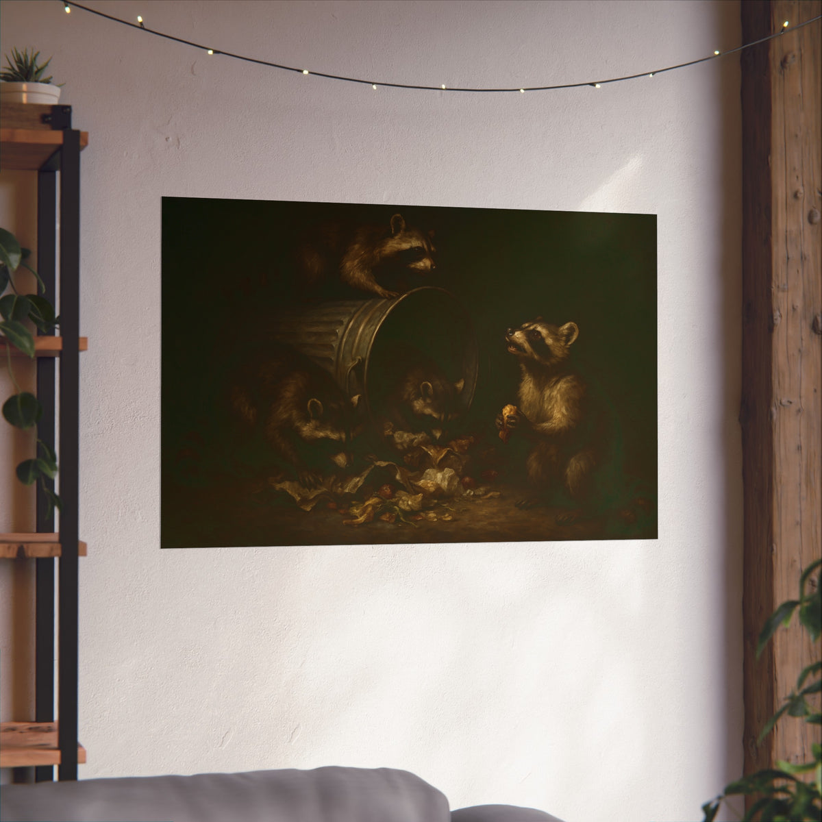 Four raccoons around a toppled metal trash can in the dark. The Last Bite by Garabaggio, fine art print hanging in a room.