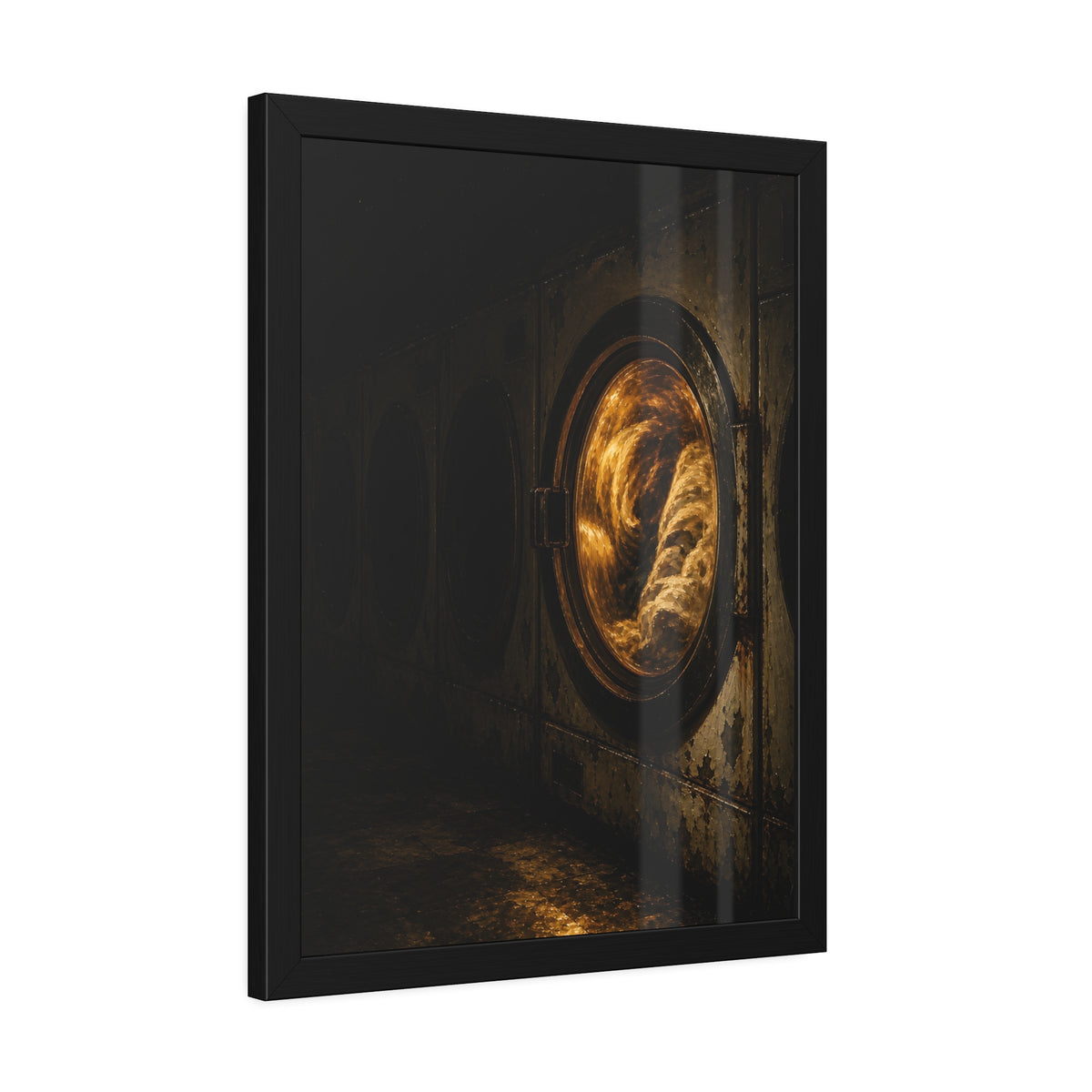 A row of dryers with one drum lit and tumbling in a dark laundromat. The Last Dryer Turning by Garabaggio, framed fine art print hanging in a room.