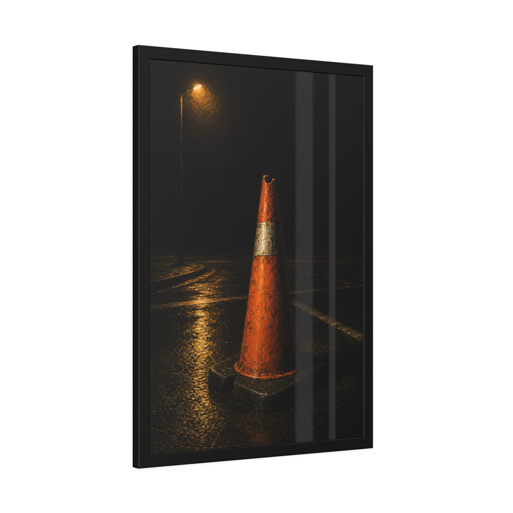 A battered orange traffic cone on wet asphalt under a street lamp. The Warning Without Danger by Garabaggio, framed fine art print hanging in a room.