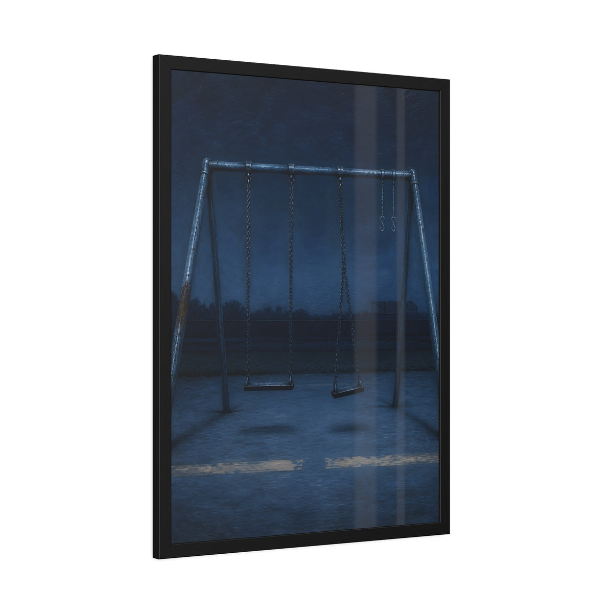 A swing set with two seats and two bare hooks in blue predawn light. The Fifth Hour: The Blue Before by Garabaggio, framed fine art print hanging in a room.