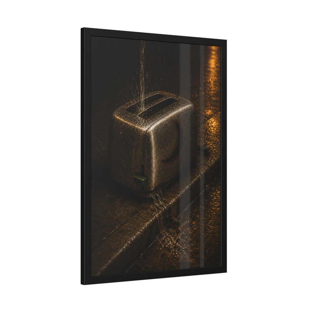 A toaster on a wet curb with water pouring into its slots. Rain Through the Slots by Garabaggio, framed fine art print hanging in a room.
