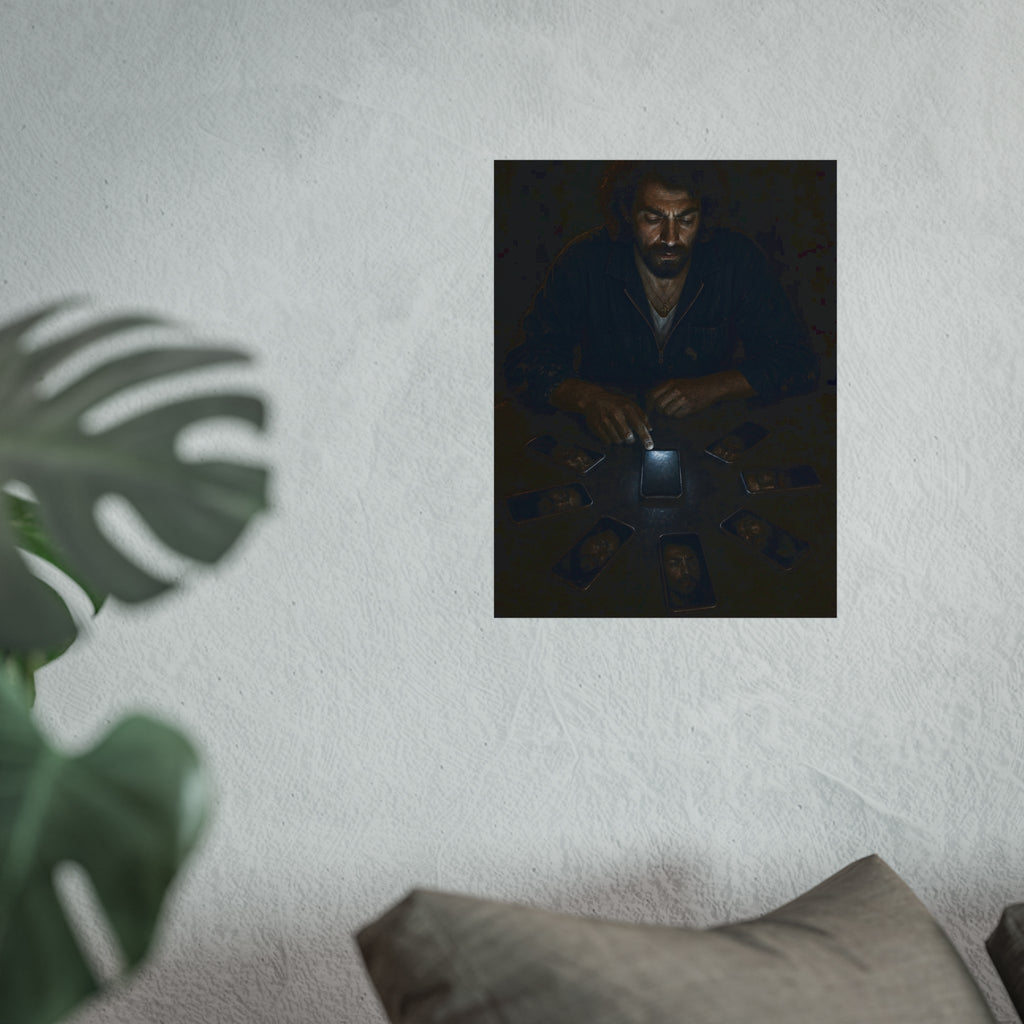 A bearded man at a dark table ringed by phones, one lit screen under his hand. The Congregation of Faces by Garabaggio, fine art print hanging in a room.