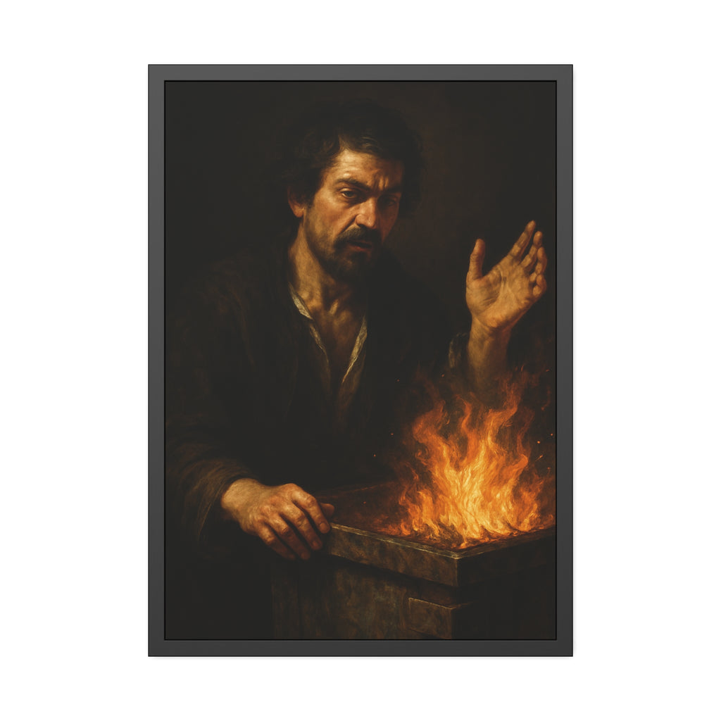 Man holding one hand high over the flames of an open burning bin. Self-Portrait Commanding the Light by Garabaggio, framed fine art print hanging in a room.