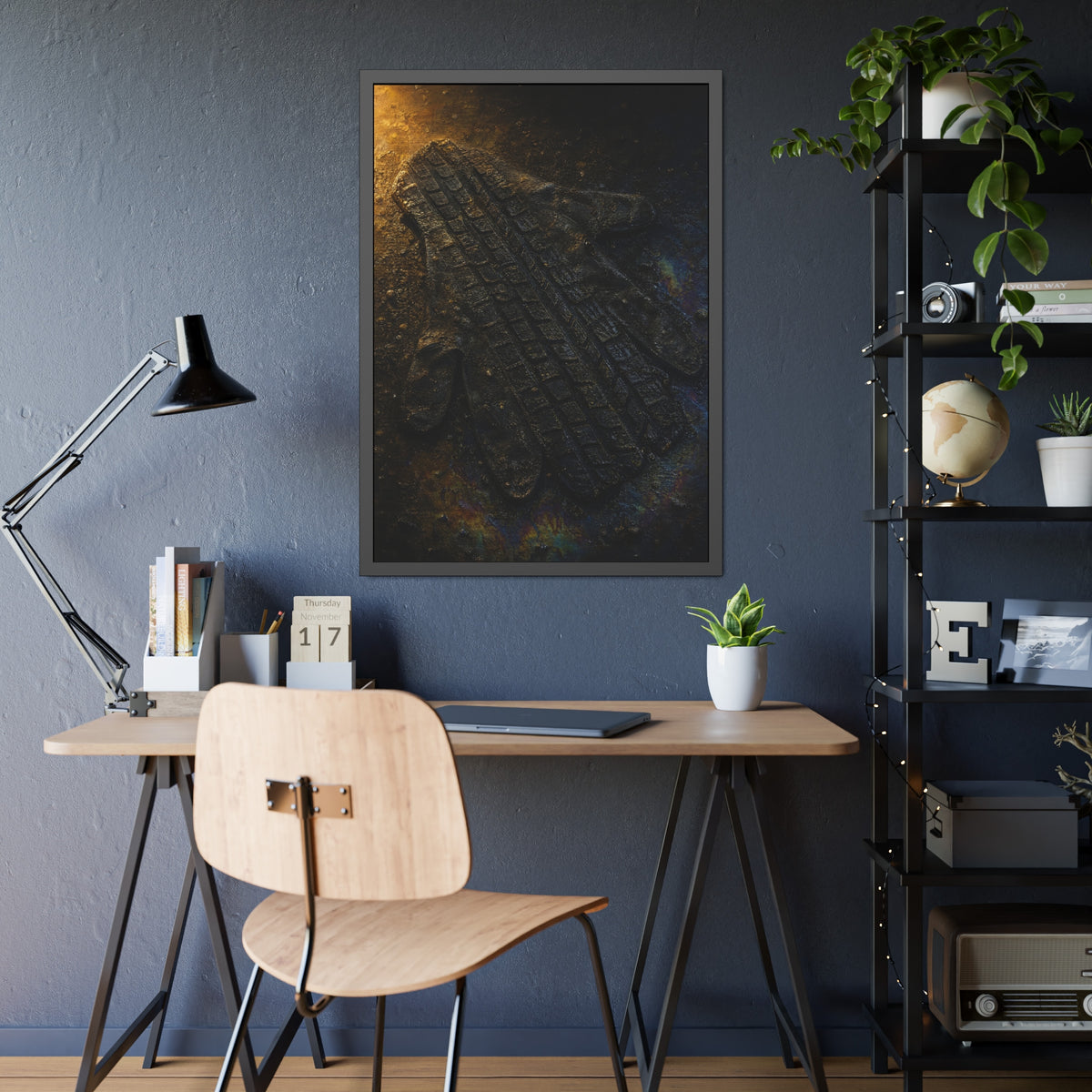 A flattened work glove on asphalt with a tire tread pressed across it. The Passage of the Wheel by Garabaggio, framed fine art print hanging in a room.