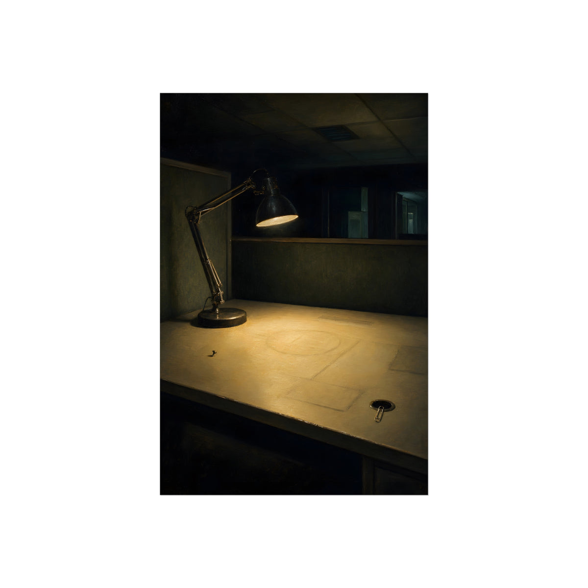 A lit desk lamp on an emptied office desk at night. The Desk Lamp Still Warm by Garabaggio, fine art print, 24″ x 36″.