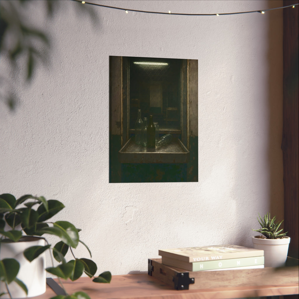 Empty glass bottles on a metal tray at a service window under a fluorescent tube. The Counting Window by Garabaggio, fine art print hanging in a room.