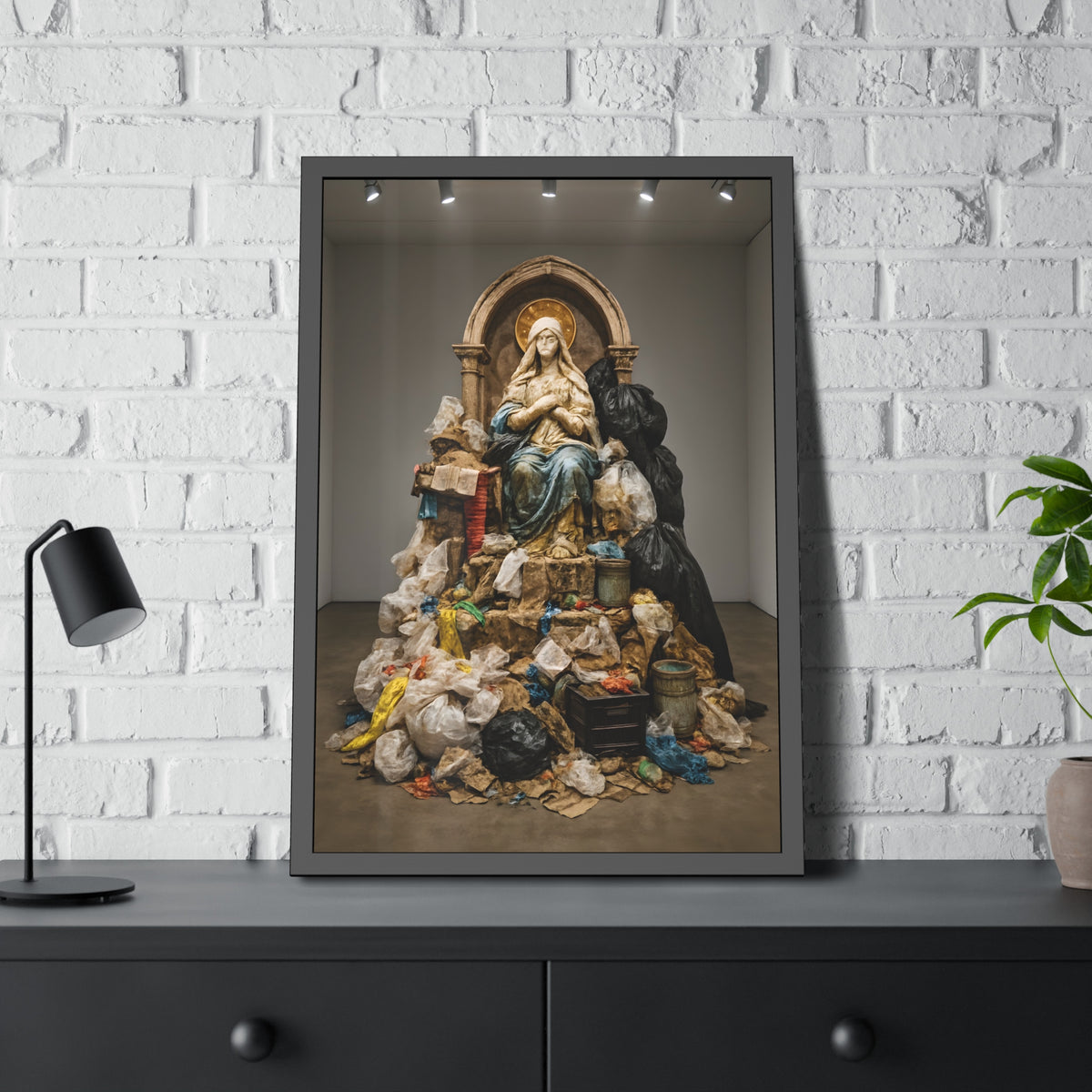 A robed statue on a mound of garbage bags in a gallery. The Immaculate Collection by Garabaggio, framed fine art print hanging in a room.
