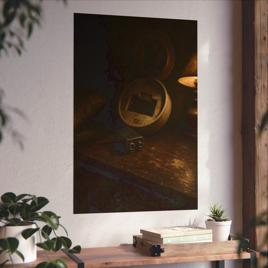 An open smoke detector on a wooden table beside a removed nine volt battery. The Silence After Removal by Garabaggio, fine art print hanging in a room.