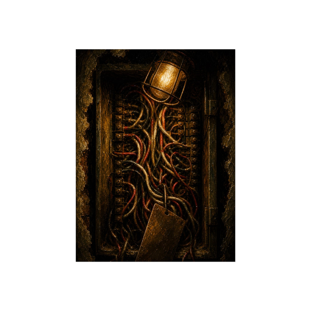 An open intercom box crowded with red and white wires under a bare bulb. The Wires Behind Names by Garabaggio, fine art print, 12″ x 16″.