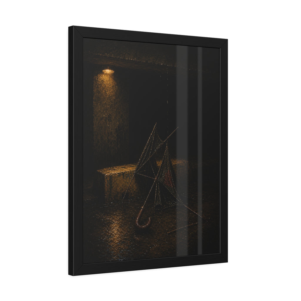 A broken umbrella collapsed on wet ground below a loading dock lamp. The Vigil Beneath the Loading Dock by Garabaggio, framed fine art print hanging in a room.