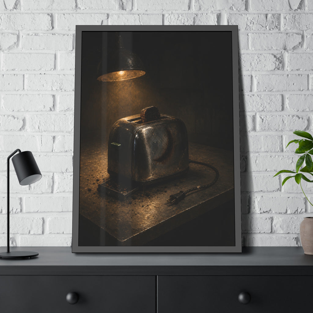 A scorched toaster under a work lamp, burnt toast standing in its slot. The Table of Examination by Garabaggio, framed fine art print hanging in a room.
