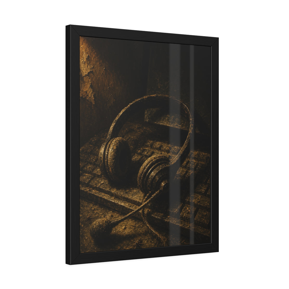 Dust covered headset resting on an old keyboard in brown light. Cubicles Under Dust by Garabaggio, framed fine art print hanging in a room.