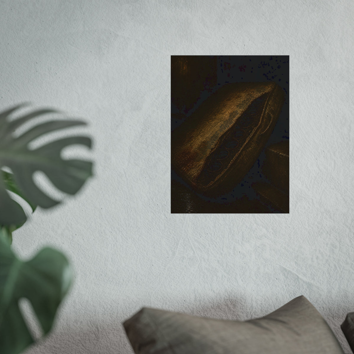 A torn mattress propped on its side, coil springs showing through the split. The Showing of the Springs by Garabaggio, fine art print hanging in a room.