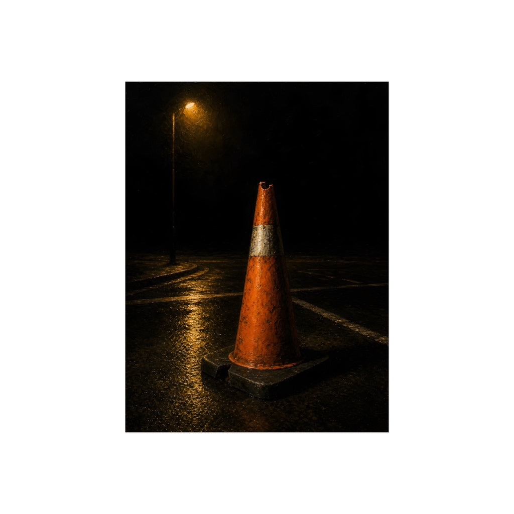 A battered orange traffic cone on wet asphalt under a street lamp. The Warning Without Danger by Garabaggio, fine art print, 12″ x 16″.