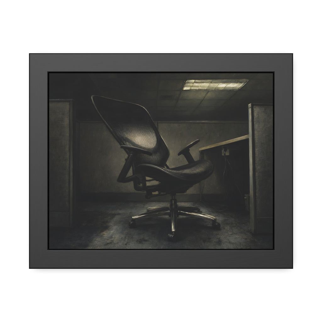 An office chair tilted back in an empty cubicle under one ceiling light. The Ergonomic Chair, Unlocked by Garabaggio, framed fine art print, 14″ x 11″.