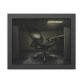 An office chair tilted back in an empty cubicle under one ceiling light. The Ergonomic Chair, Unlocked by Garabaggio, framed fine art print, 14″ x 11″.