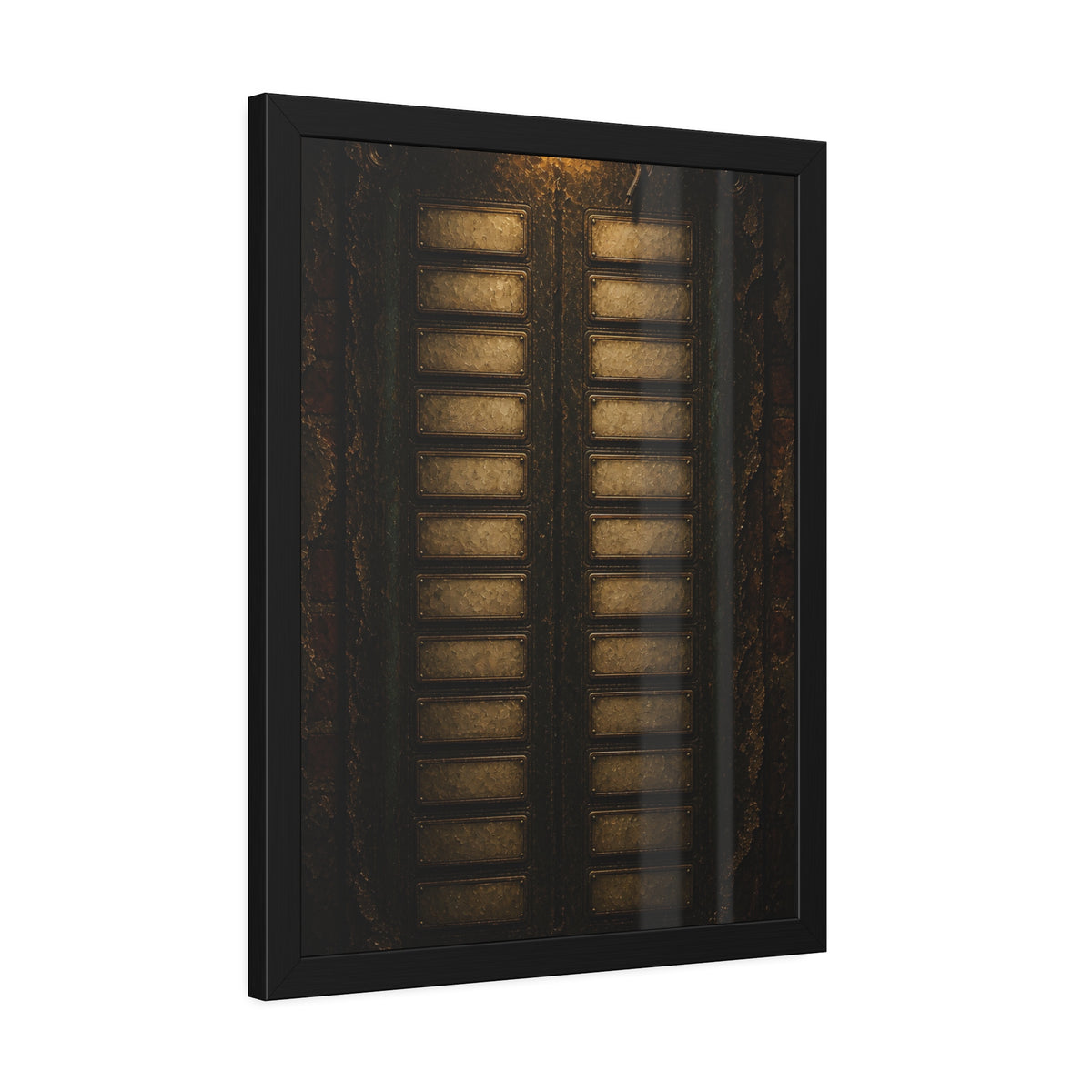 An intercom panel of blank name slots on a weathered building wall. The Names Behind Brass by Garabaggio, framed fine art print hanging in a room.