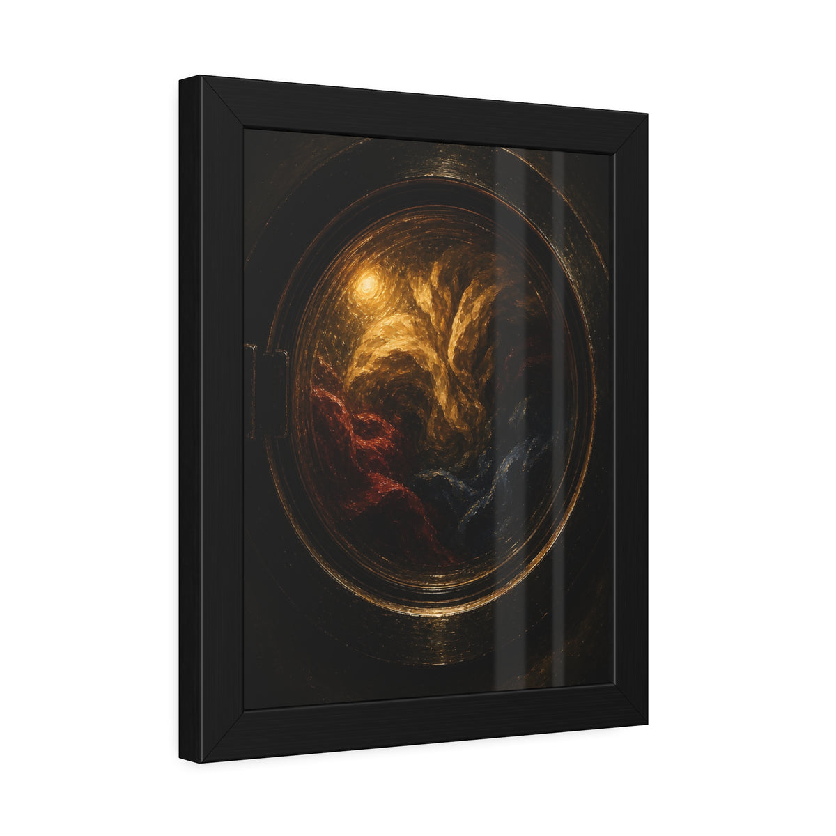 Colored laundry tumbling behind a round washer window in the dark. The Rose Window Turning by Garabaggio, framed fine art print hanging in a room.