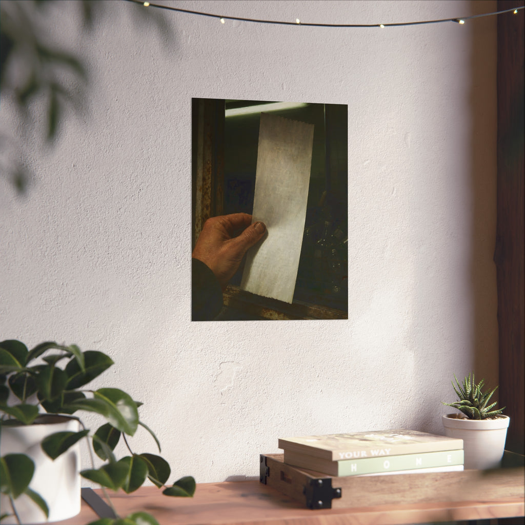 A hand holding a blank slip at a rusted counter window, bottles behind. The Receipt of Absolution by Garabaggio, fine art print hanging in a room.