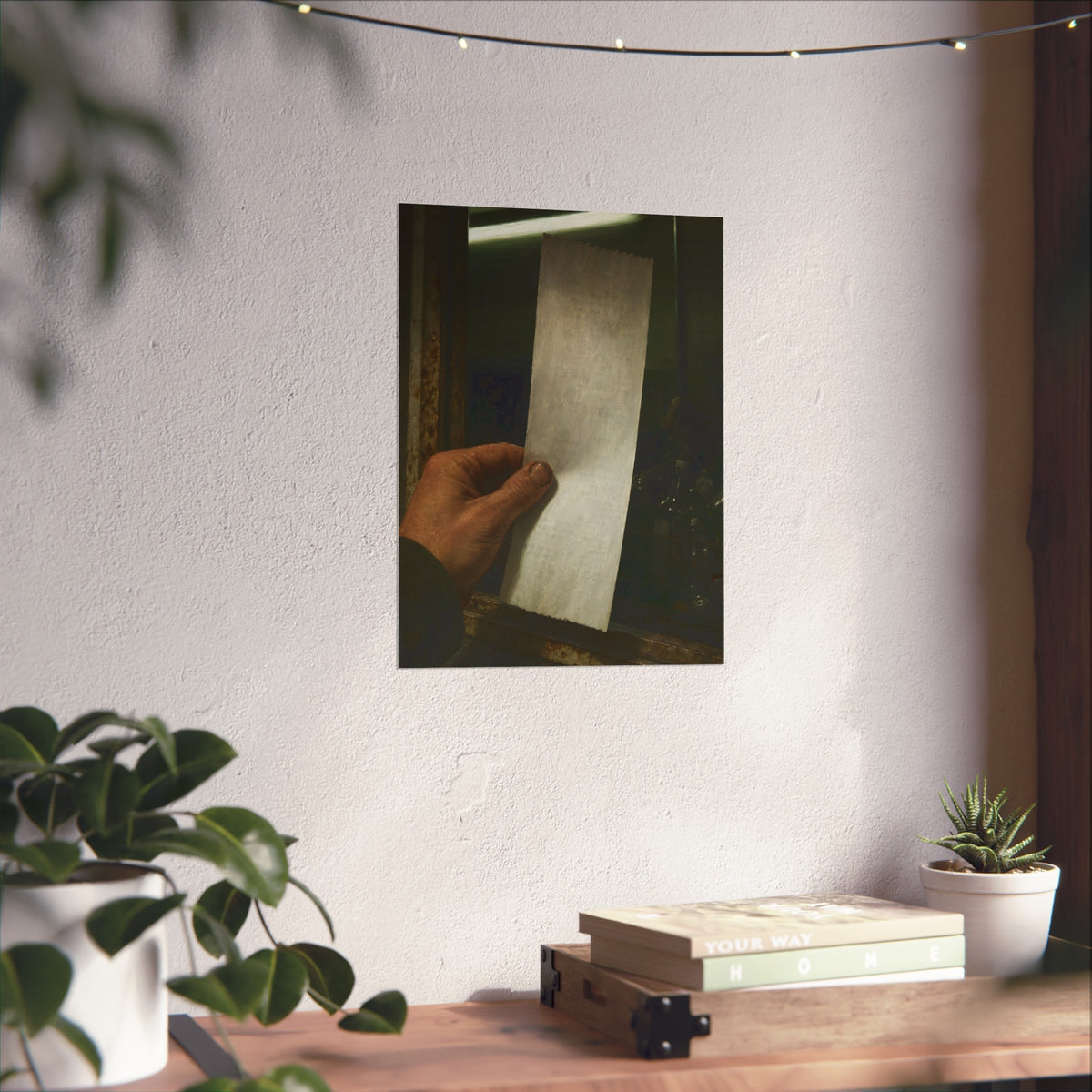 A hand holding a blank slip at a rusted counter window, bottles behind. The Receipt of Absolution by Garabaggio, fine art print hanging in a room.