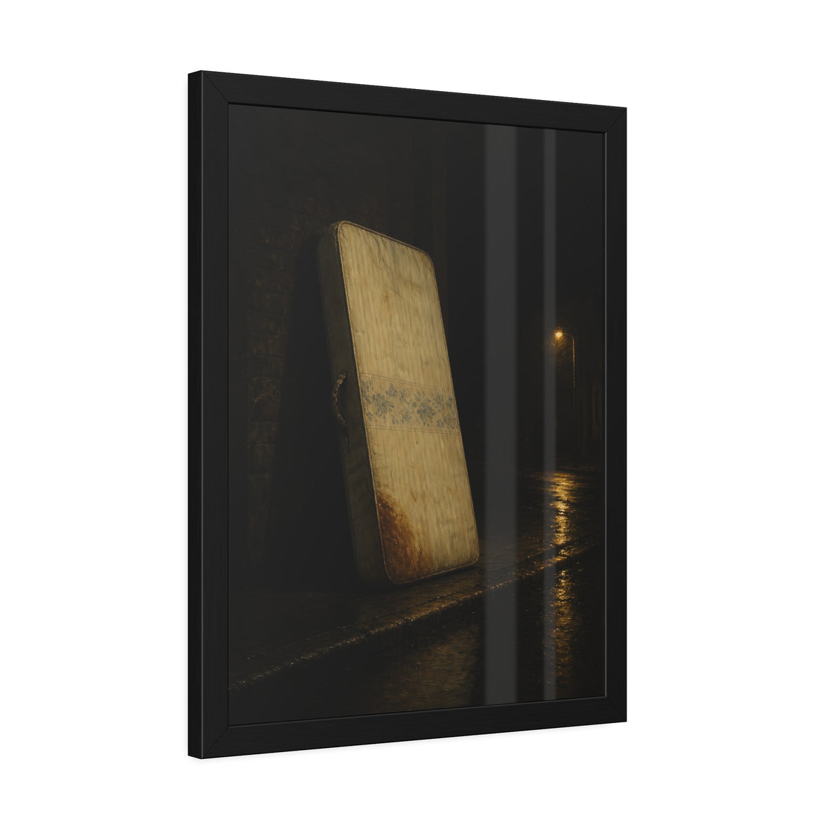 A stained mattress propped on a brick wall along a wet night street. The Presentation Against the Brick by Garabaggio, framed fine art print hanging in a room.