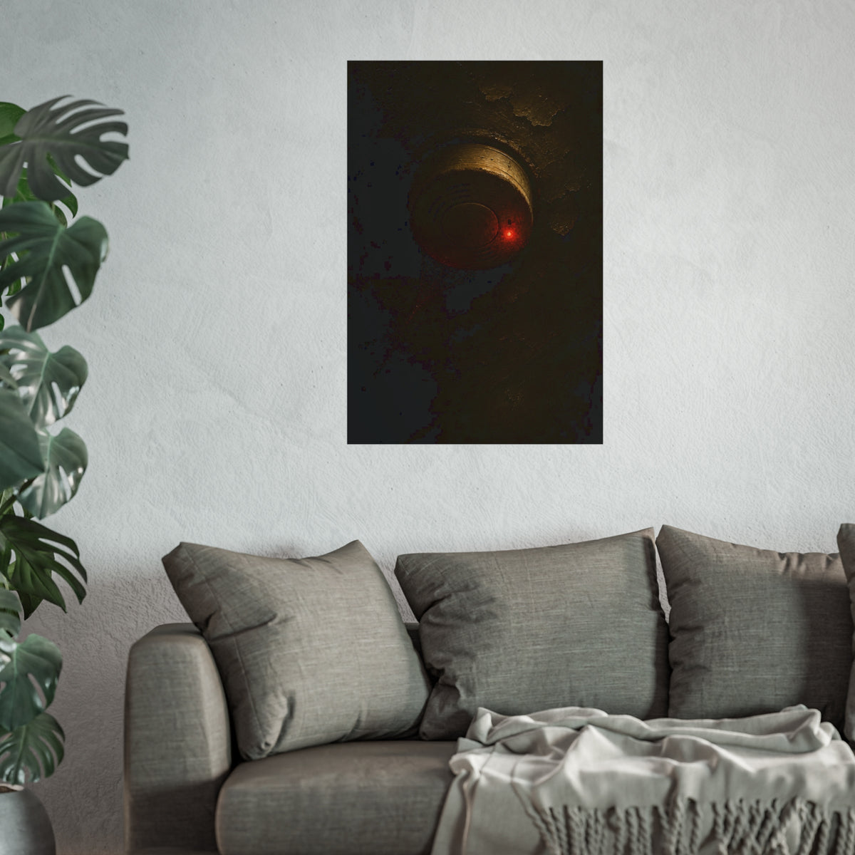 A dusty smoke detector on a peeling ceiling with its red light on. The First Red Blink by Garabaggio, fine art print hanging in a room.