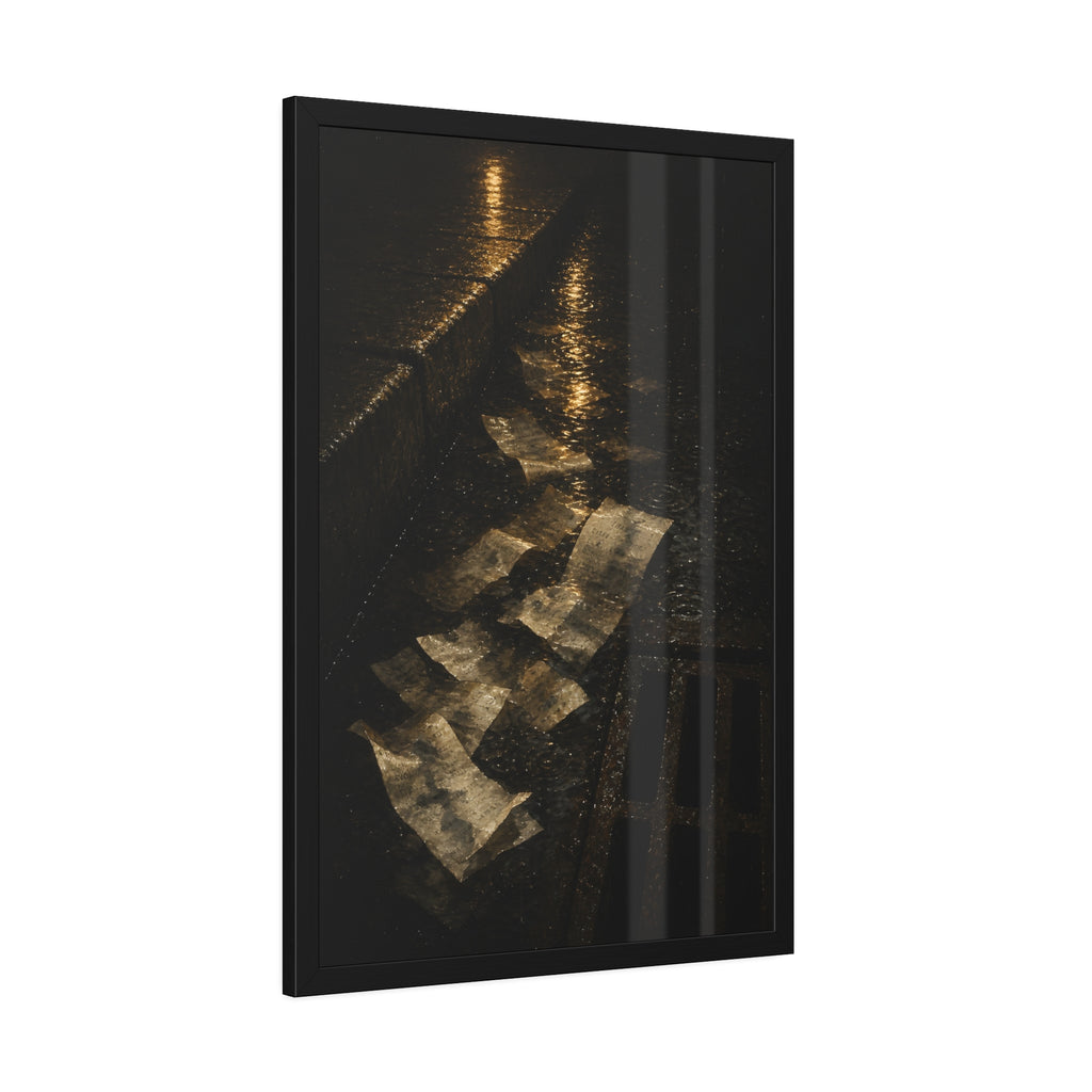 Wet receipts scattered in a gutter beside a storm drain in the rain. The Audit in Rain by Garabaggio, framed fine art print hanging in a room.