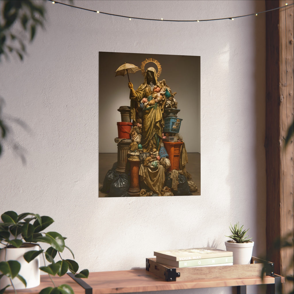 Robed figure with a halo and umbrella rising from trash bags and crates. Our Lady of Perpetual Shelter by Garabaggio, fine art print hanging in a room.