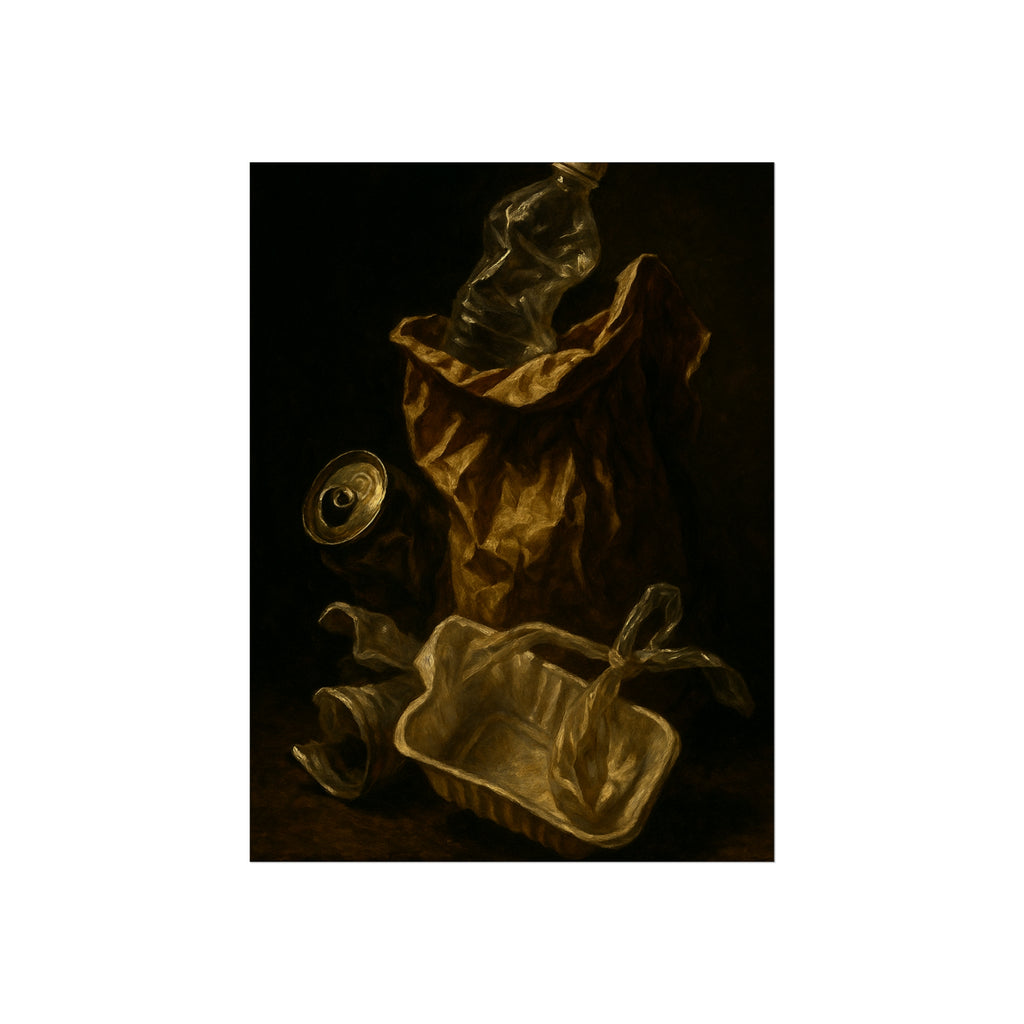 A paper bag, crushed bottle and foil tray lit against deep darkness. Reliquary of the Takeout by Garabaggio, fine art print hanging in a room.