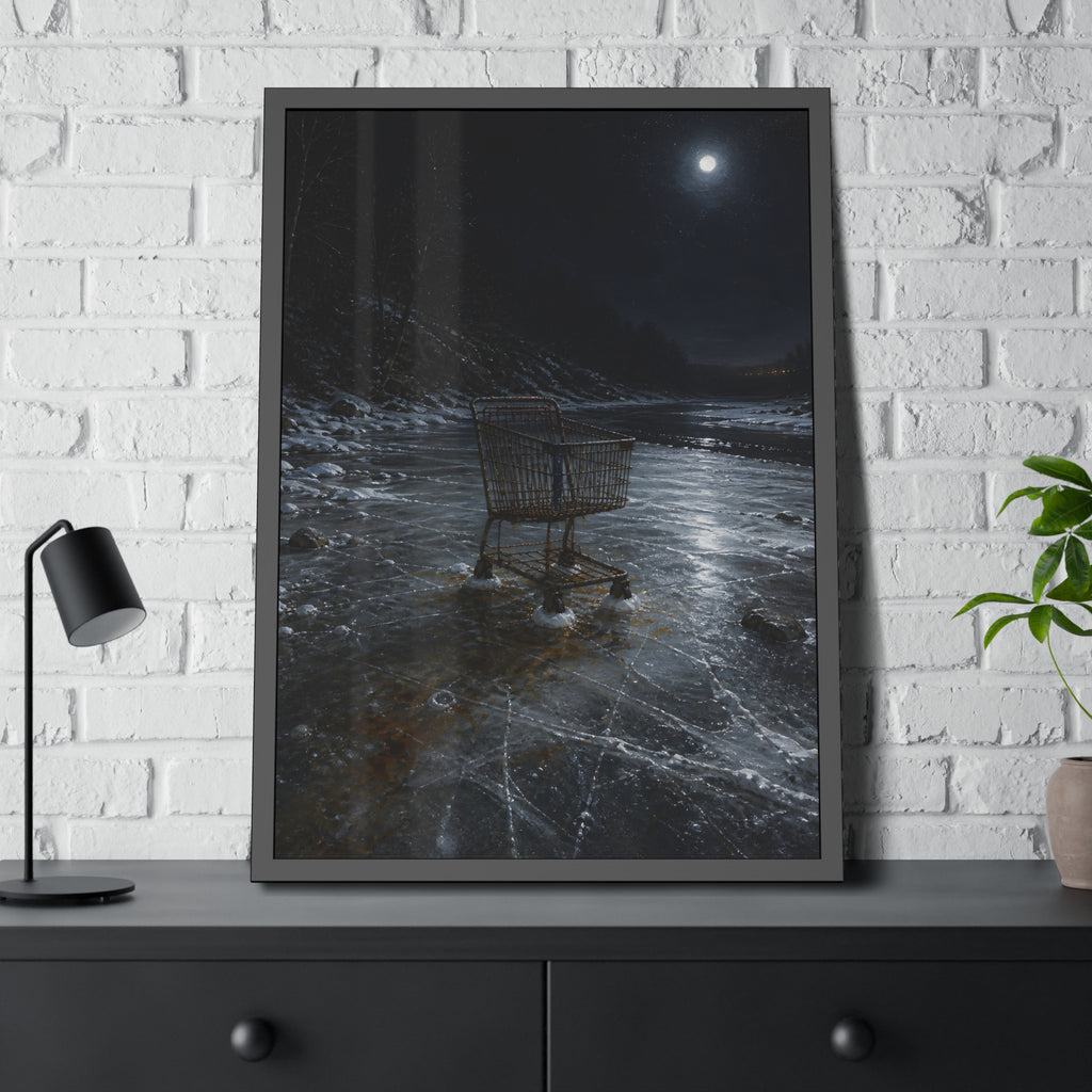 A rusted shopping cart frozen into moonlit river ice. The Wintering in the Ice by Garabaggio, framed fine art print hanging in a room.