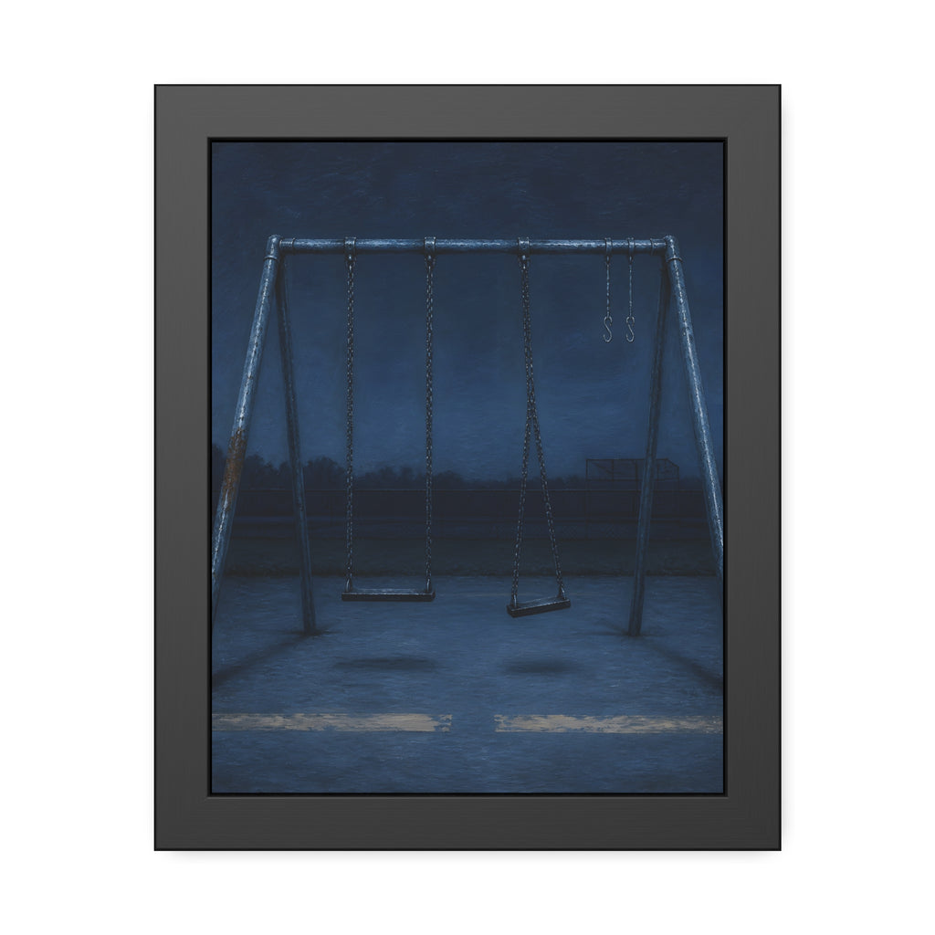 A swing set with two seats and two bare hooks in blue predawn light. The Fifth Hour: The Blue Before by Garabaggio, framed fine art print, 11″ x 14″.