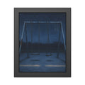 A swing set with two seats and two bare hooks in blue predawn light. The Fifth Hour: The Blue Before by Garabaggio, framed fine art print, 11″ x 14″.