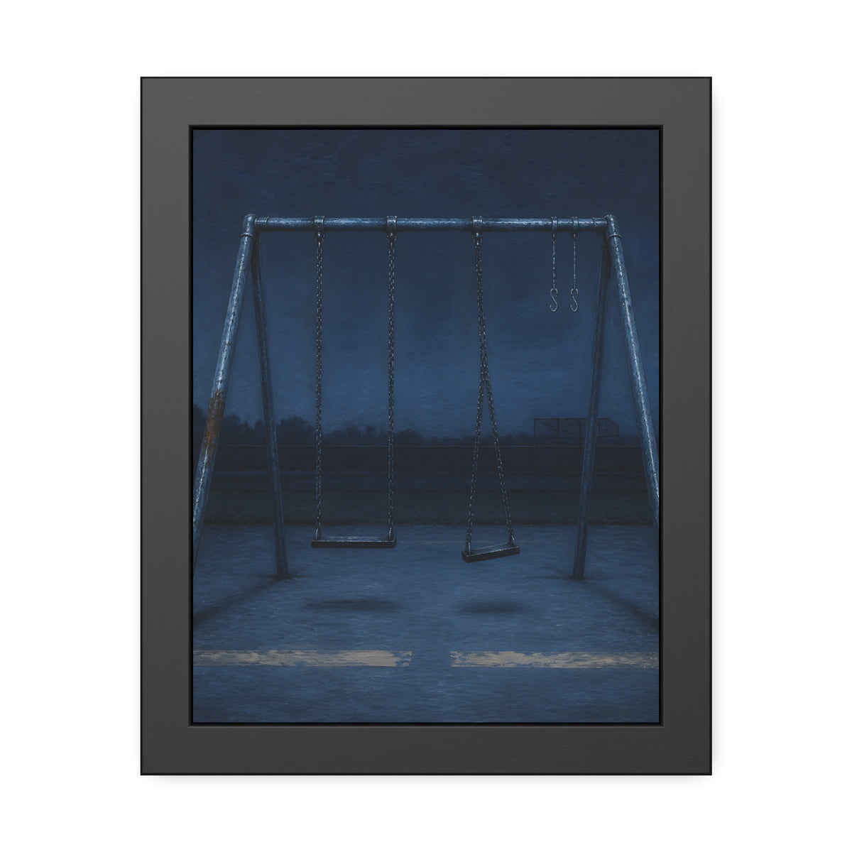 A swing set with two seats and two bare hooks in blue predawn light. The Fifth Hour: The Blue Before by Garabaggio, framed fine art print, 11″ x 14″.