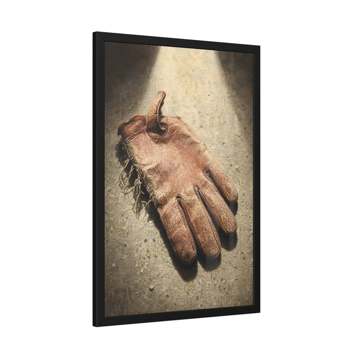 A cracked leather work glove lying on bright sunlit concrete. The Bleaching, Study of a Sun-Tired Glove by Garabaggio, framed fine art print hanging in a room.