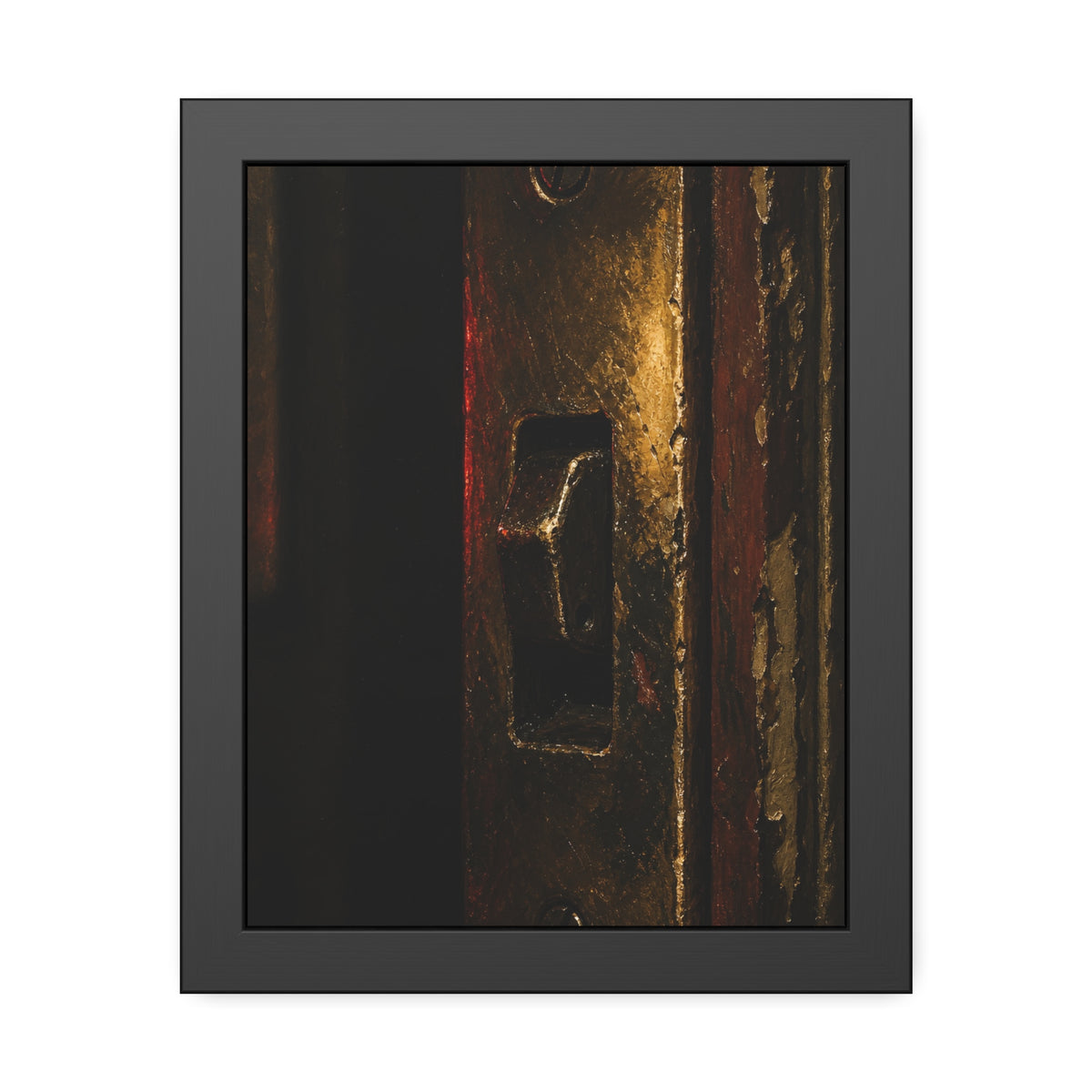 A brass door latch beside an intercom with a small red light. The Door Does Not Release by Garabaggio, framed fine art print, 11″ x 14″.