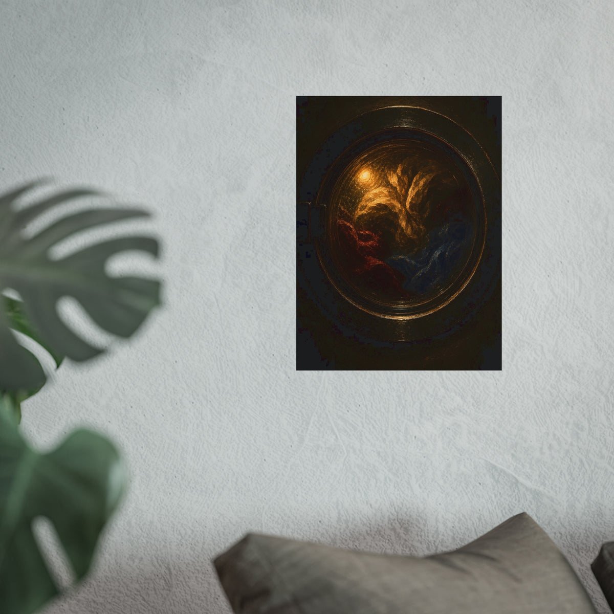 Colored laundry tumbling behind a round washer window in the dark. The Rose Window Turning by Garabaggio, fine art print hanging in a room.