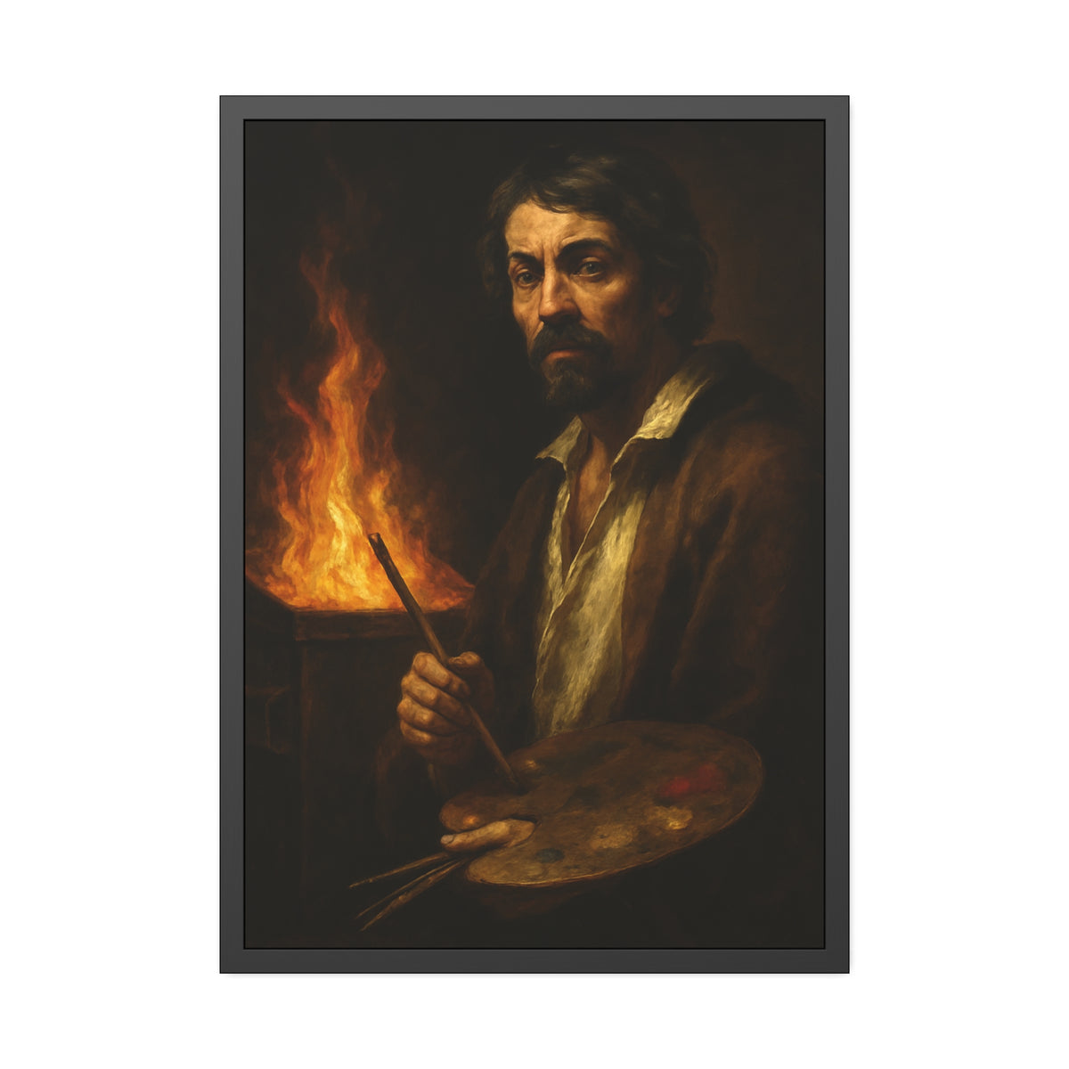 Man holding a palette and brushes, a fire behind him. Self-Portrait with Palette (After Caravaggio) by Garabaggio, framed fine art print hanging in a room.
