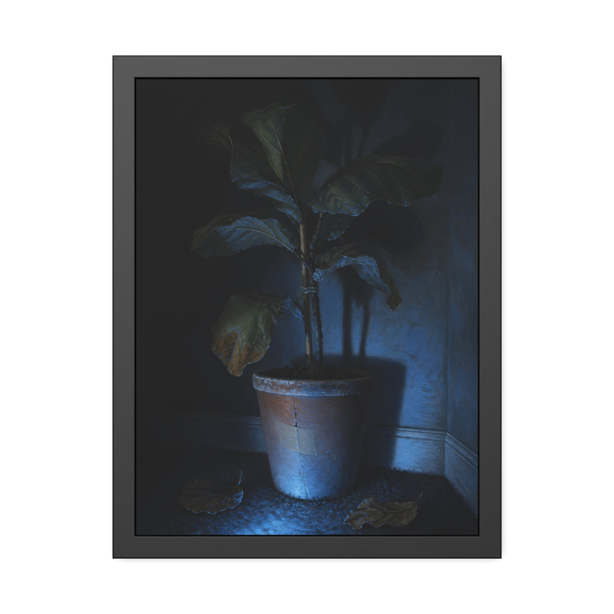 A dying potted plant in a corner washed in blue television light. The Television Hours by Garabaggio, framed fine art print, 18″ x 24″.
