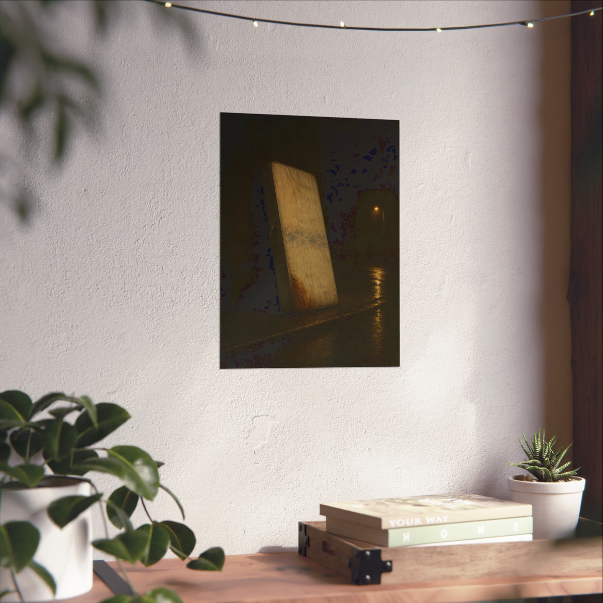 A stained mattress propped on a brick wall along a wet night street. The Presentation Against the Brick by Garabaggio, fine art print hanging in a room.