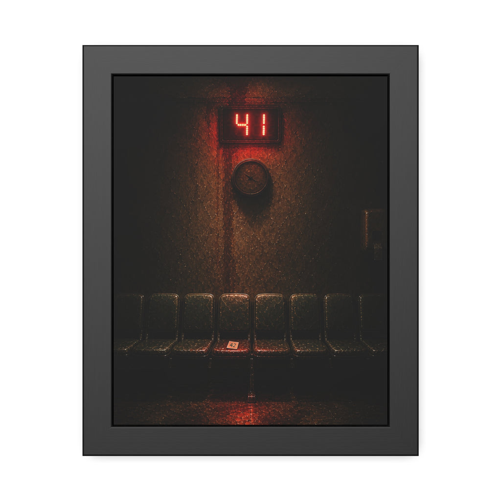 An empty row of waiting room seats beneath a red display reading 41. The Call That Does Not Come by Garabaggio, framed fine art print, 11″ x 14″.