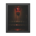 An empty row of waiting room seats beneath a red display reading 41. The Call That Does Not Come by Garabaggio, framed fine art print, 11″ x 14″.