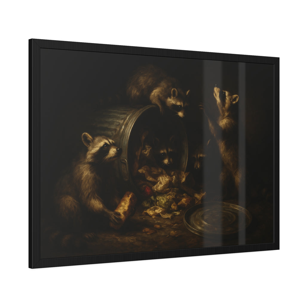 Raccoons around a tipped metal trash can, scattering food scraps. The Vigil of the Midnight Feast by Garabaggio, framed fine art print hanging in a room.