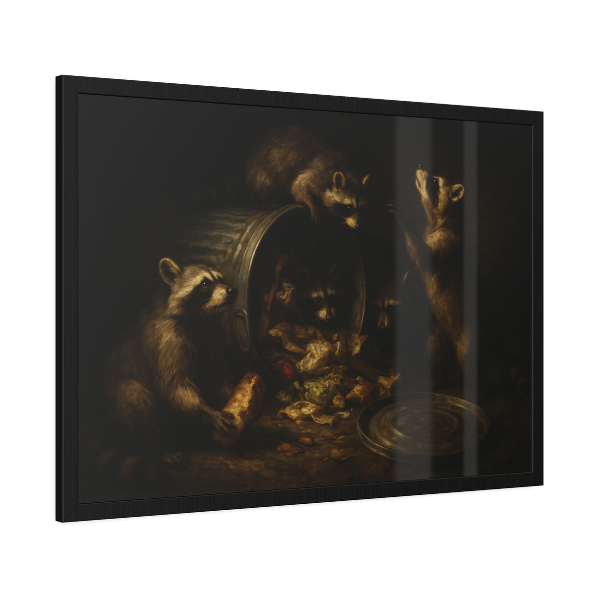 Raccoons around a tipped metal trash can, scattering food scraps. The Vigil of the Midnight Feast by Garabaggio, framed fine art print hanging in a room.