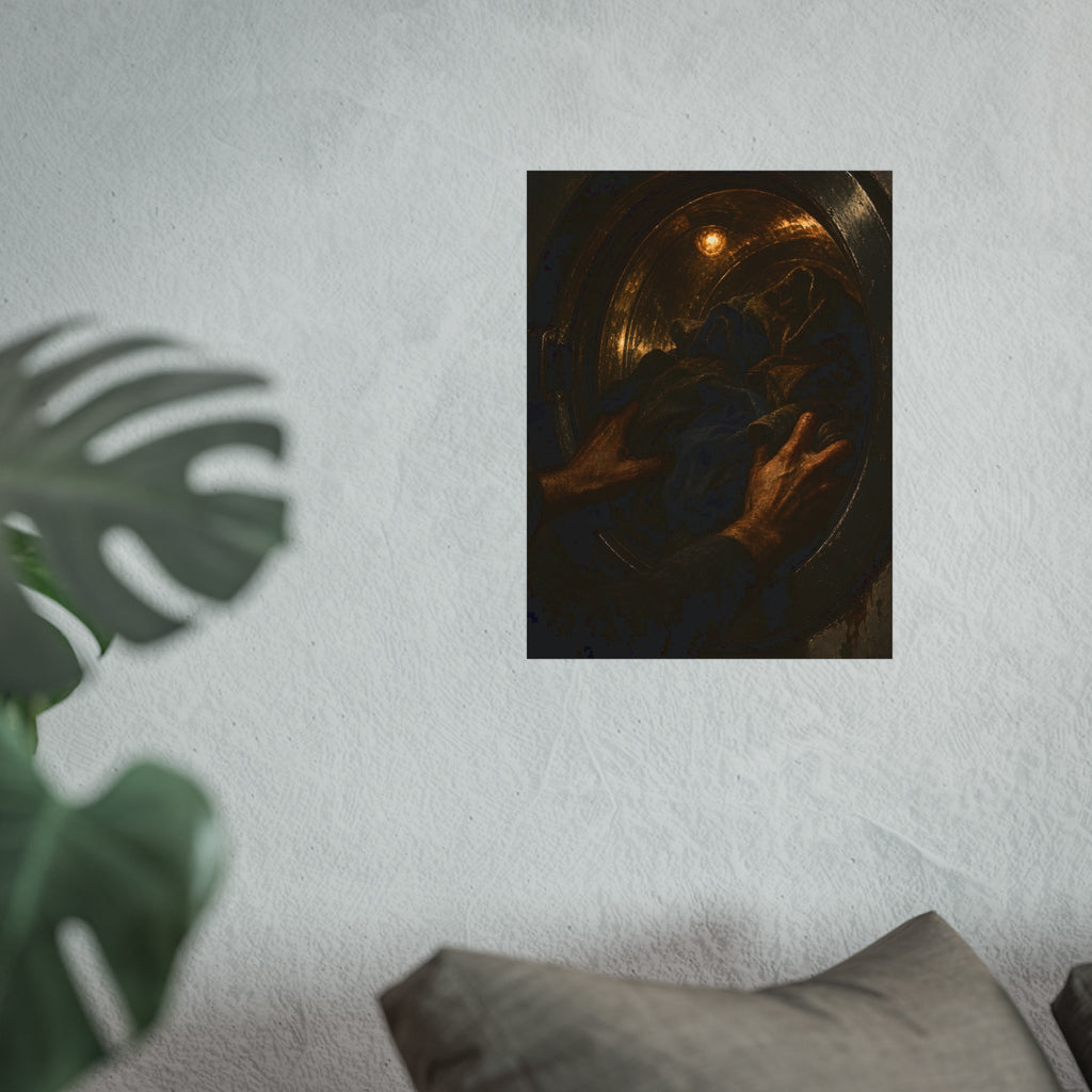 Two hands pushing dark laundry into a washer drum lit by a small bulb. The Loading of the Drum by Garabaggio, fine art print hanging in a room.
